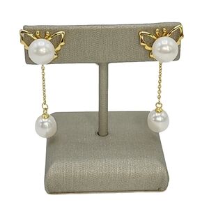 White Cultured Freshwater Pearl Dangle Jacket‎ Butterfly Earrings Gold Plated